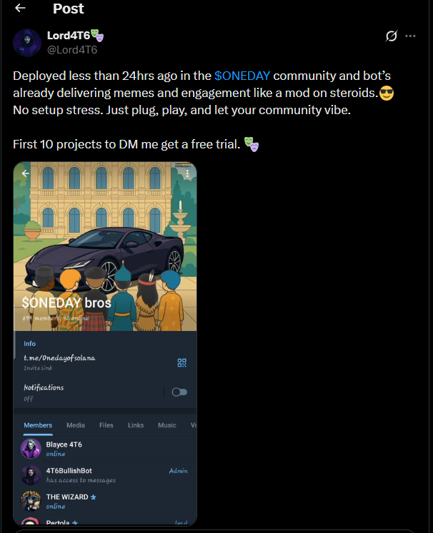 Bullish Meme Bot posting in a community